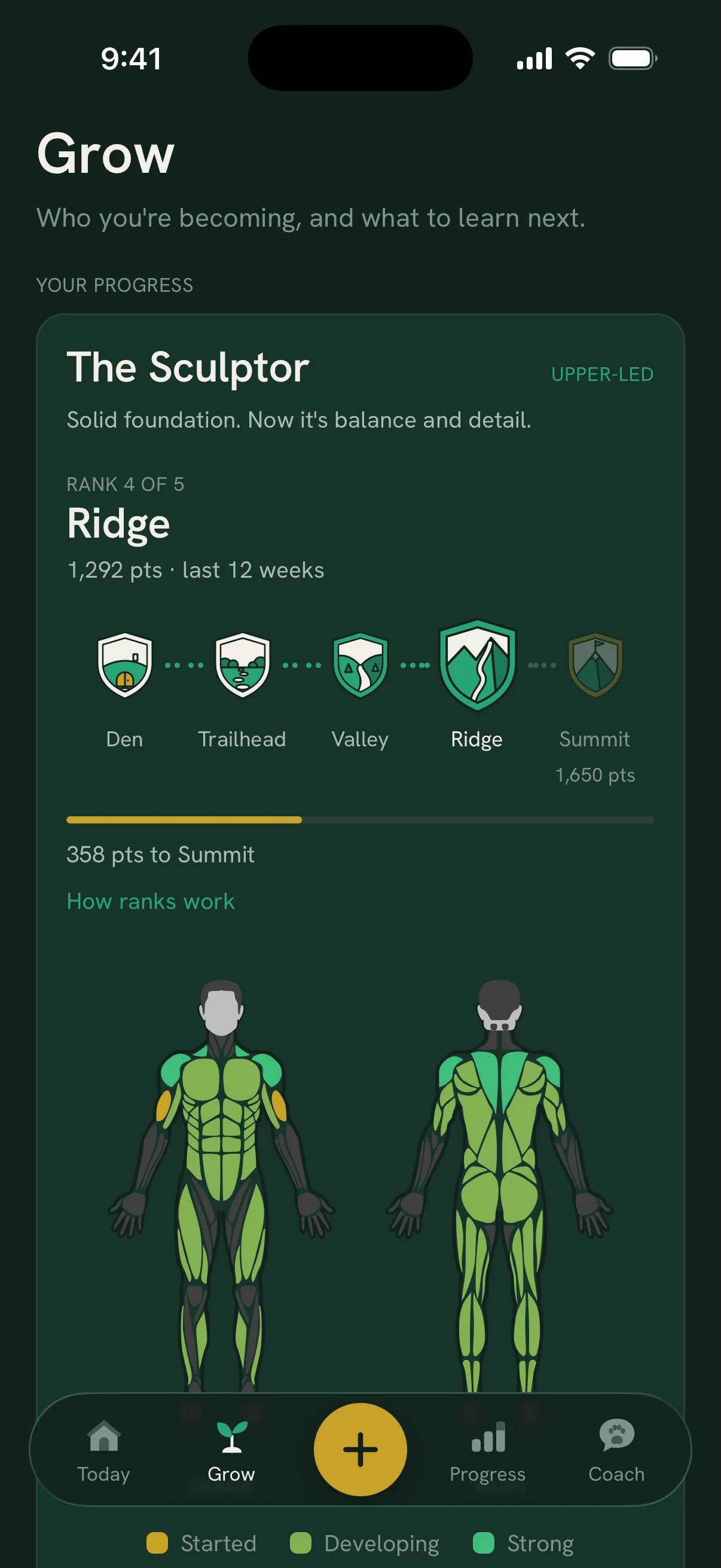 The Grow tab's rank trail: five ranks from Den to Summit, with your current rank and points to the next one