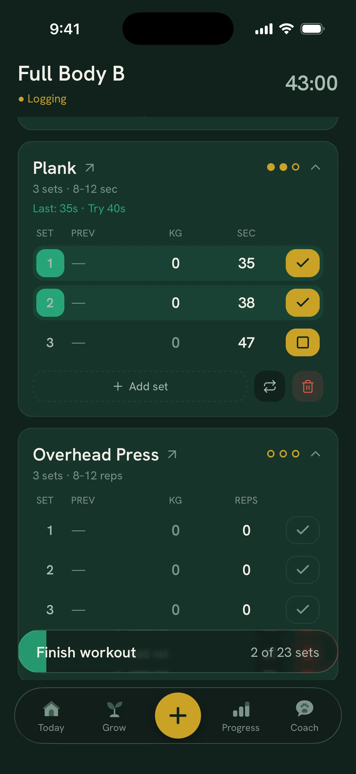 Plank sets logged in seconds with a Try 40s target