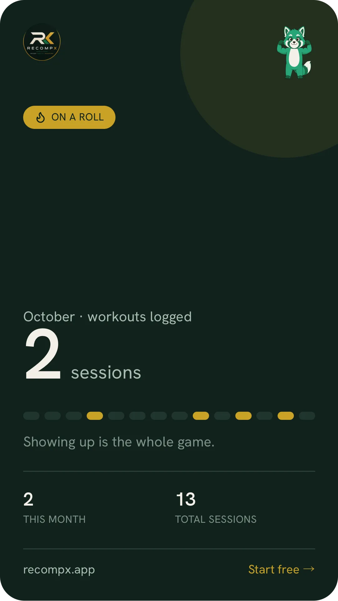 A RecompX streak share card: 2 sessions this October, 13 in total