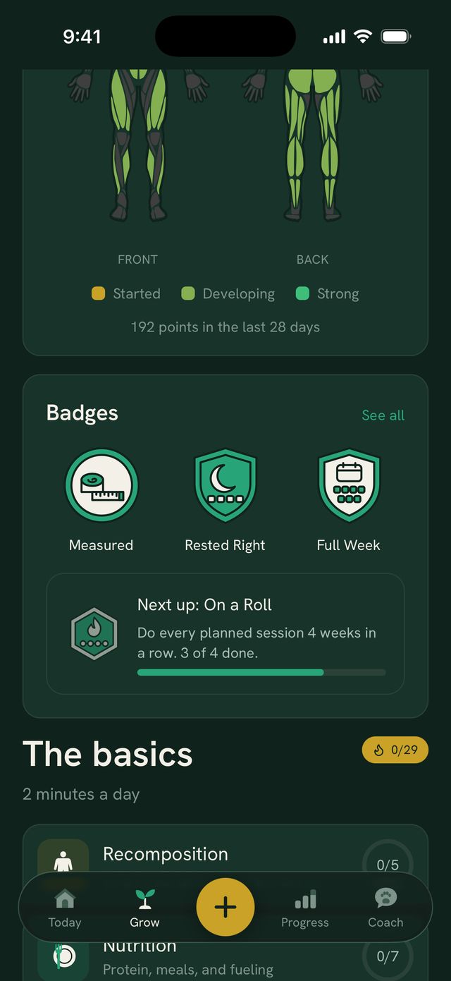The Badges shelf on Grow: earned badges Measured, Rested Right and Full Week, plus progress toward the next one