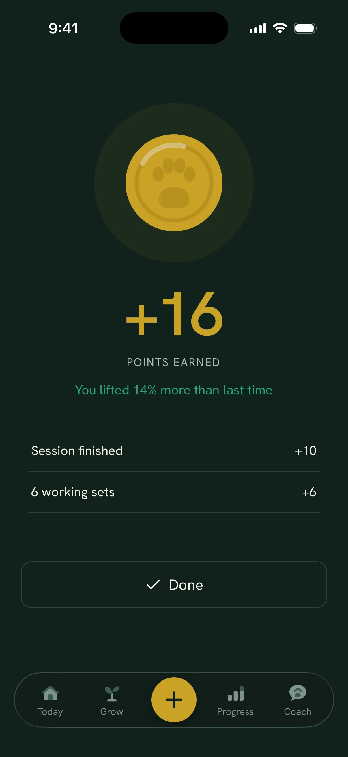 Finish screen: You lifted 14% more than last time