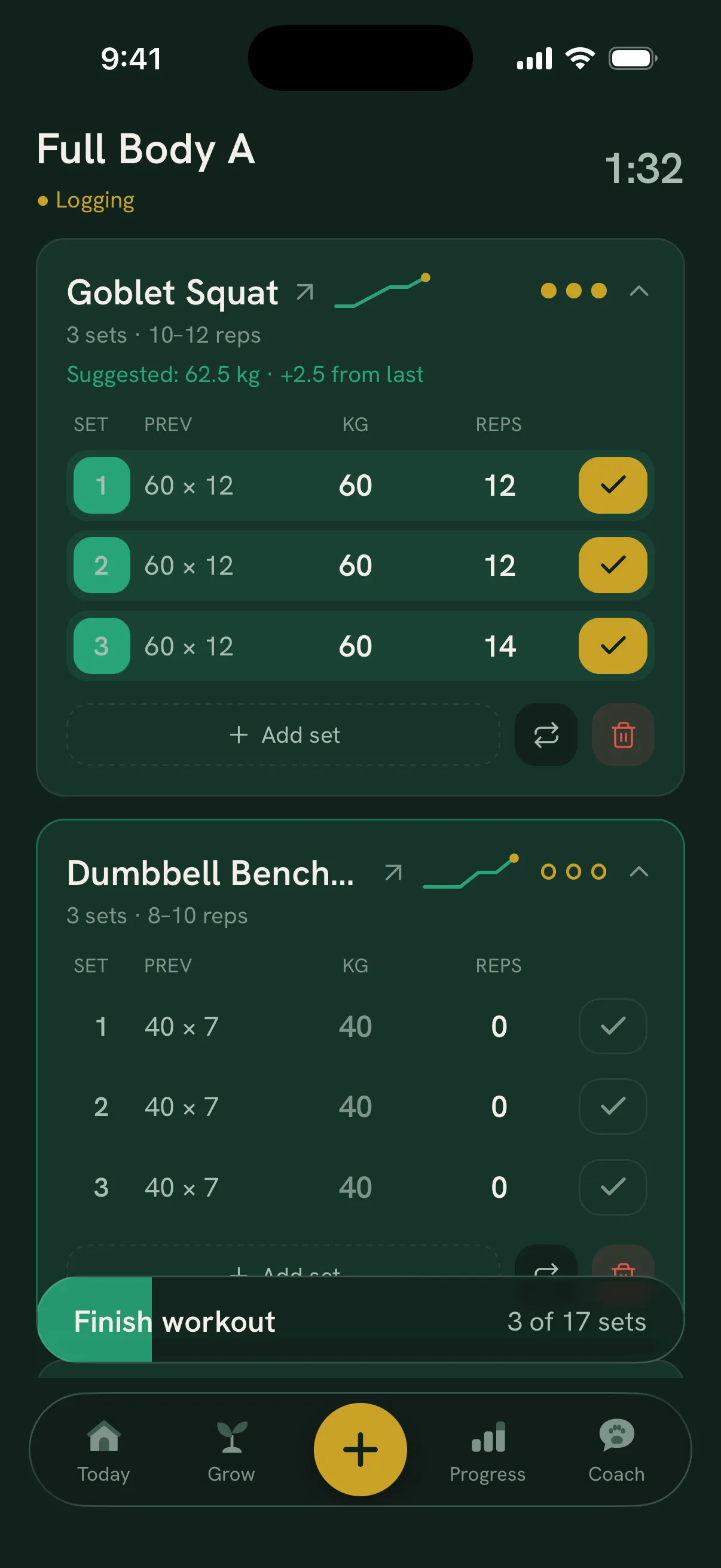 The workout logger mid-session: Goblet Squat expanded with a trend line and suggested weight, Finish button filling up