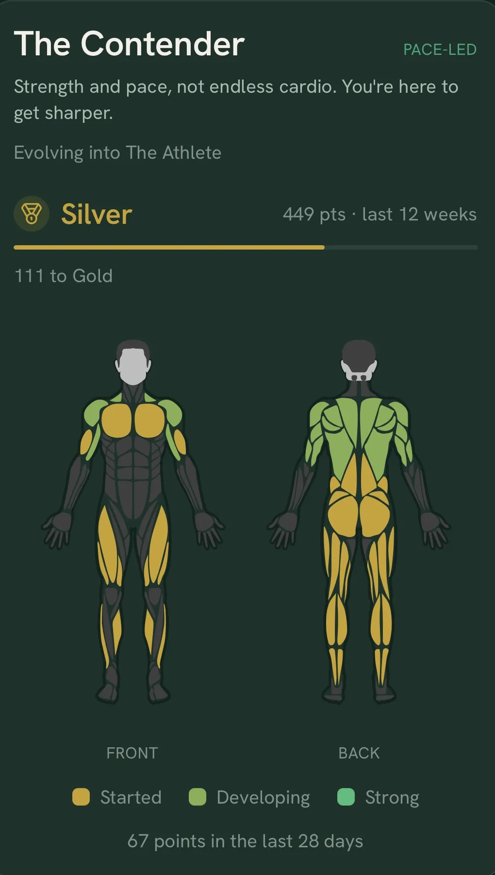 The Today card: Training Type, Silver rank and the muscle map filled in from real sets