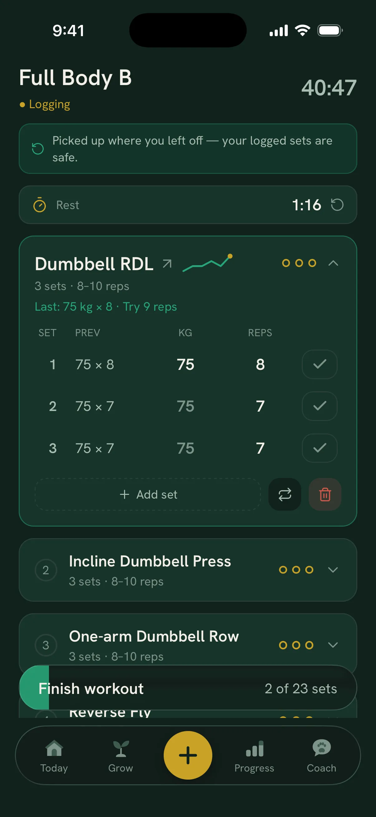 A set prefilled with last time's numbers and a beat-it target